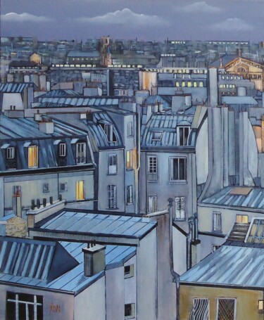 Painting titled "nuit parisienne" by Jean-Michel Yon, Original Artwork, Oil Mounted on Wood Stretcher frame