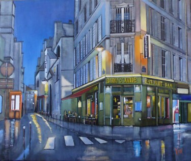 Painting titled "le bistrot saint an…" by Jean-Michel Yon, Original Artwork, Oil Mounted on Wood Stretcher frame