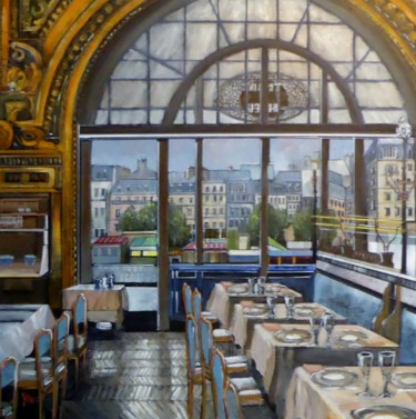 Painting titled "le train bleu" by Jean-Michel Yon, Original Artwork, Oil Mounted on Wood Stretcher frame