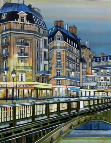 Painting titled "quai montebello" by Jean-Michel Yon, Original Artwork, Oil Mounted on Wood Stretcher frame