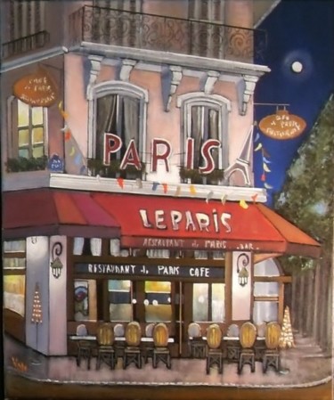 Painting titled "le paris bistrot" by Jean-Michel Yon, Original Artwork, Oil Mounted on Wood Stretcher frame