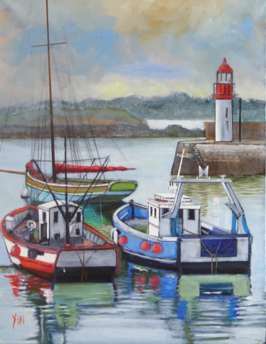 Pintura intitulada "bateaux au repos" por Jean-Michel Yon, Obras de arte originais, Óleo