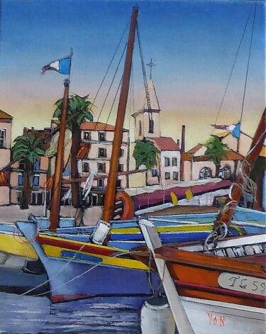 Painting titled "sanary" by Jean-Michel Yon, Original Artwork, Oil Mounted on Wood Stretcher frame