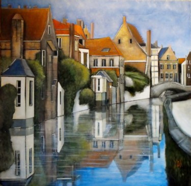 Painting titled "canaux a brugges" by Jean-Michel Yon, Original Artwork, Oil Mounted on Wood Stretcher frame