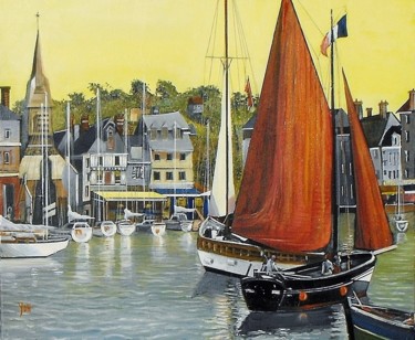 Painting titled "vieux bassin a honf…" by Jean-Michel Yon, Original Artwork, Oil Mounted on Wood Stretcher frame