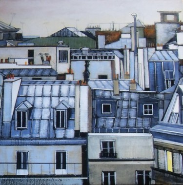 Painting titled "les toits" by Jean-Michel Yon, Original Artwork, Oil Mounted on Wood Stretcher frame