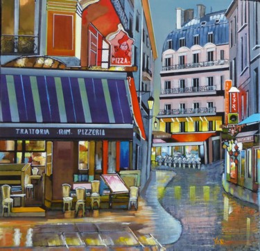 Painting titled "nuit parisienne 2" by Jean-Michel Yon, Original Artwork, Oil Mounted on Wood Stretcher frame