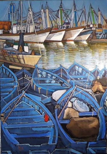 Painting titled "bateaux a essaouira" by Jean-Michel Yon, Original Artwork, Oil Mounted on Wood Stretcher frame