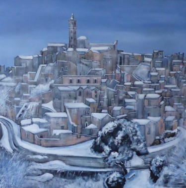 Painting titled "neige a matera" by Jean-Michel Yon, Original Artwork, Oil Mounted on Wood Stretcher frame