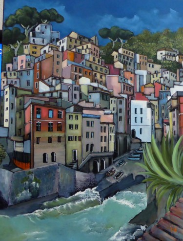 Painting titled "les cinqs terres" by Jean-Michel Yon, Original Artwork, Oil Mounted on Wood Stretcher frame