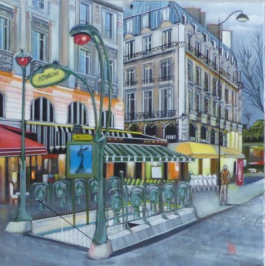 Painting titled "metro saint michel" by Jean-Michel Yon, Original Artwork, Oil Mounted on Wood Stretcher frame