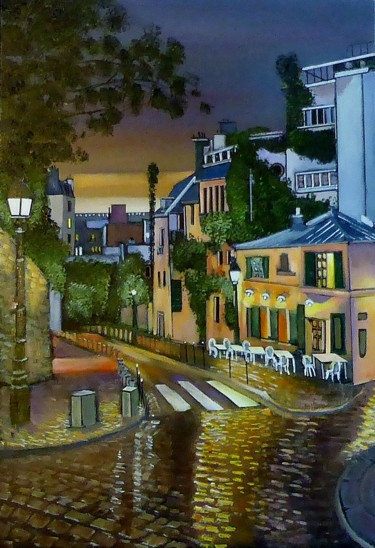 Painting titled "montmartre un soir" by Jean-Michel Yon, Original Artwork, Oil Mounted on Wood Stretcher frame