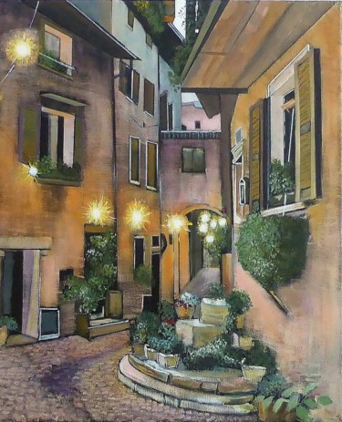 Painting titled "le village" by Jean-Michel Yon, Original Artwork, Oil Mounted on Wood Stretcher frame