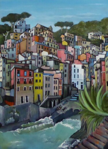 Pintura intitulada "riomagiore 2" por Jean-Michel Yon, Obras de arte originais, Óleo Montado em Armação em madeira