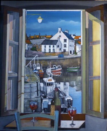 Painting titled "soir sur le port" by Jean-Michel Yon, Original Artwork, Oil Mounted on Wood Stretcher frame