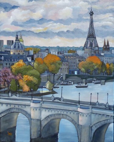 Painting titled "automne a paris" by Jean-Michel Yon, Original Artwork, Oil Mounted on Wood Stretcher frame