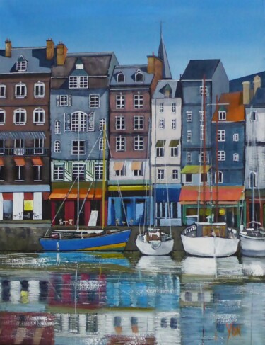Painting titled "honfleur" by Jean-Michel Yon, Original Artwork, Oil Mounted on Wood Stretcher frame