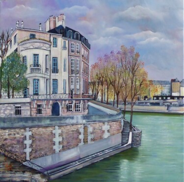 Painting titled "quai d'ANJOU" by Jean-Michel Yon, Original Artwork, Oil Mounted on Wood Stretcher frame