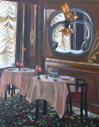 Painting titled "le restaurant" by Jean-Michel Yon, Original Artwork, Oil Mounted on Wood Stretcher frame