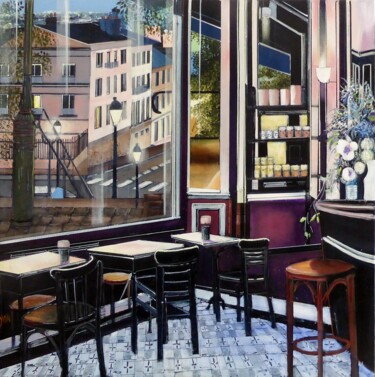 Painting titled "le cafe de nuit" by Jean-Michel Yon, Original Artwork, Oil Mounted on Wood Stretcher frame