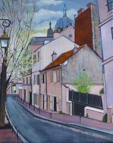 Painting titled "la rue du village" by Jean-Michel Yon, Original Artwork, Oil Mounted on Wood Stretcher frame