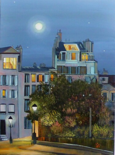 Painting titled "un soir de pleine l…" by Jean-Michel Yon, Original Artwork, Oil Mounted on Wood Stretcher frame