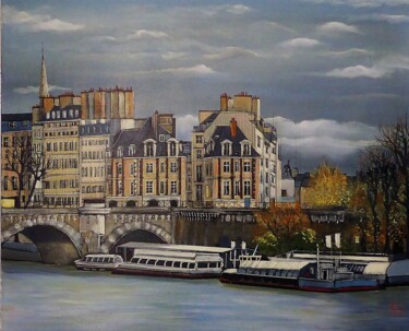 Painting titled "l'ile saint louis" by Jean-Michel Yon, Original Artwork, Oil Mounted on Wood Stretcher frame