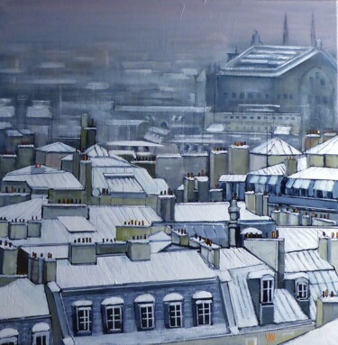 Painting titled "hiver parisien" by Jean-Michel Yon, Original Artwork, Oil Mounted on Wood Stretcher frame