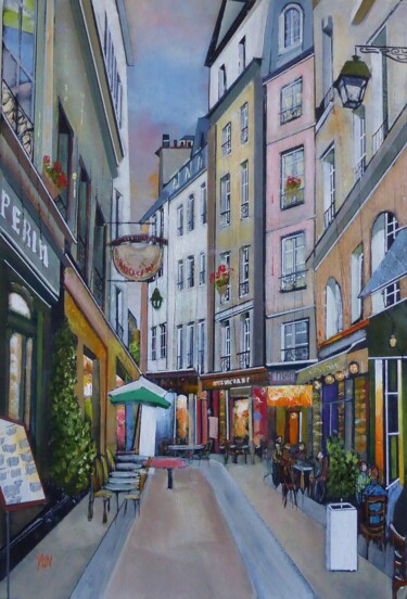 Painting titled "la rue animée" by Jean-Michel Yon, Original Artwork, Oil Mounted on Wood Stretcher frame