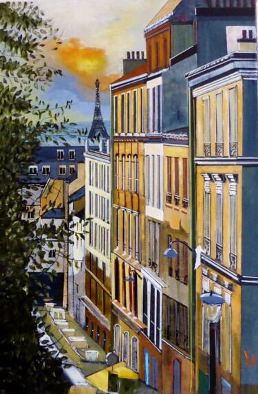 Painting titled "ruye Parisienne" by Jean-Michel Yon, Original Artwork, Oil Mounted on Wood Stretcher frame