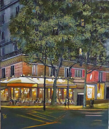 Painting titled "Paris night2023" by Jean-Michel Yon, Original Artwork, Oil Mounted on Wood Stretcher frame