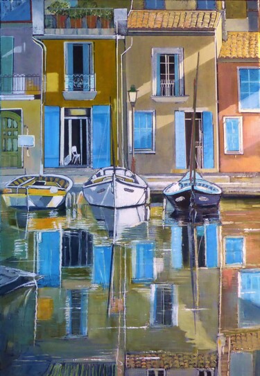 Painting titled "Martigues2" by Jean-Michel Yon, Original Artwork, Oil Mounted on Wood Stretcher frame