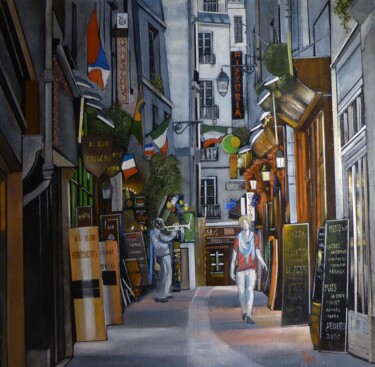 Pintura intitulada "rue de la huchette" por Jean-Michel Yon, Obras de arte originais, Óleo Montado em Armação em madeira