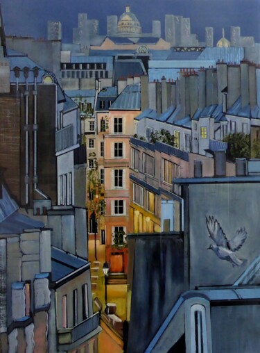 Painting titled "la rue eclairée" by Jean-Michel Yon, Original Artwork, Oil Mounted on Wood Stretcher frame