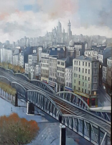 Painting titled "metro Barbes" by Jean-Michel Yon, Original Artwork, Oil Mounted on Wood Stretcher frame