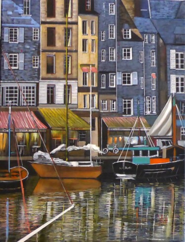 Painting titled "honfleur s'eveille" by Jean-Michel Yon, Original Artwork, Oil Mounted on Wood Stretcher frame