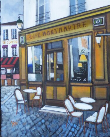 Painting titled "café montmartre" by Jean-Michel Yon, Original Artwork, Oil Mounted on Wood Stretcher frame