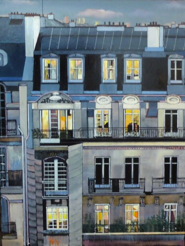 Schilderij getiteld "nuit Haussmanienne" door Jean-Michel Yon, Origineel Kunstwerk, Olie Gemonteerd op Frame voor houten bra…