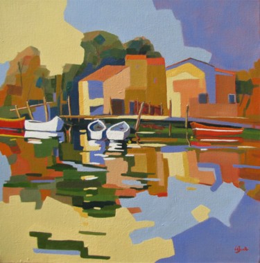 Painting titled "Les Cabanes de Maug…" by Jean-Noël Le Junter, Original Artwork, Oil Mounted on Wood Stretcher frame