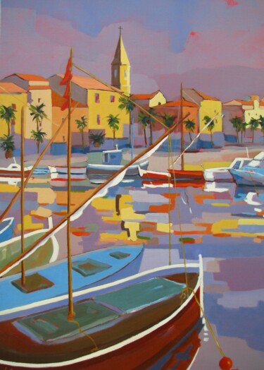 Painting titled "Sanary-sur-mer" by Jean-Noël Le Junter, Original Artwork, Oil Mounted on Wood Stretcher frame