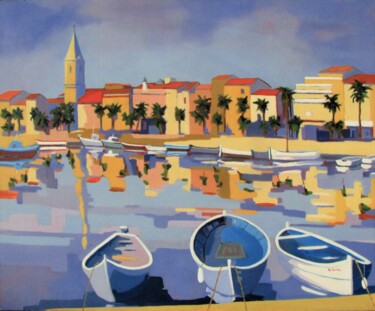 Painting titled "Le port de Sanary 1" by Jean-Noël Le Junter, Original Artwork, Oil Mounted on Wood Stretcher frame