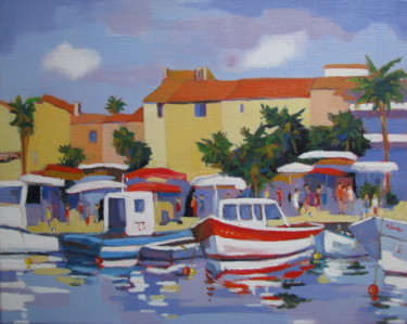 Painting titled "Le marché de Sanary…" by Jean-Noël Le Junter, Original Artwork, Oil Mounted on Wood Stretcher frame