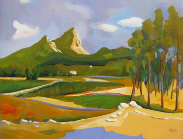 Painting titled "Le Pic Saint-Loup1" by Jean-Noël Le Junter, Original Artwork, Oil Mounted on Wood Stretcher frame