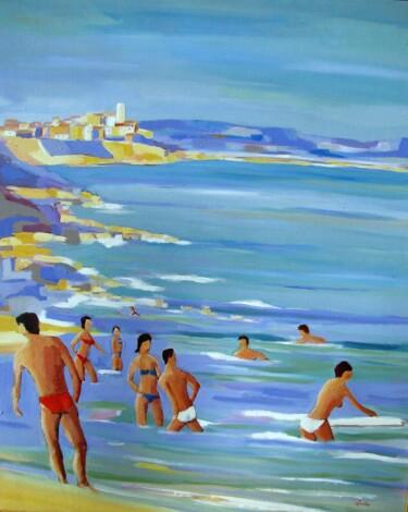 Painting titled "Baigneurs à Antibes" by Jean-Noël Le Junter, Original Artwork, Oil Mounted on Wood Stretcher frame