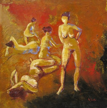 Painting titled "un modèle, cinq pos…" by Jean-Noël Le Junter, Original Artwork, Oil Mounted on Wood Stretcher frame