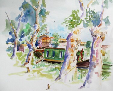 Peinture intitulée "le canal du midi au…" par Jean-Noël Le Junter, Œuvre d'art originale, Aquarelle Monté sur Panneau de bois