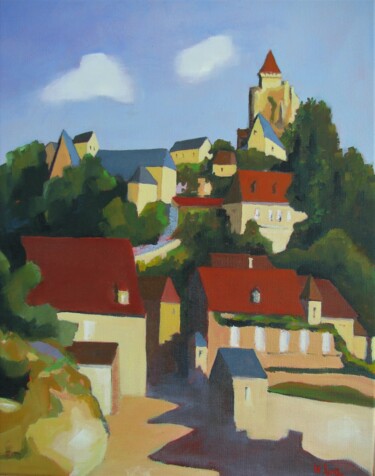 Painting titled "Castelnaud  et son…" by Jean-Noël Le Junter, Original Artwork, Oil Mounted on Wood Stretcher frame