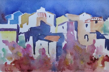 Painting titled "Village de l'Héraul…" by Jean-Noël Le Junter, Original Artwork, Watercolor Mounted on Wood Panel