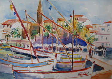 Painting titled "Sanary 1" by Jean-Noël Le Junter, Original Artwork, Watercolor Mounted on Wood Panel