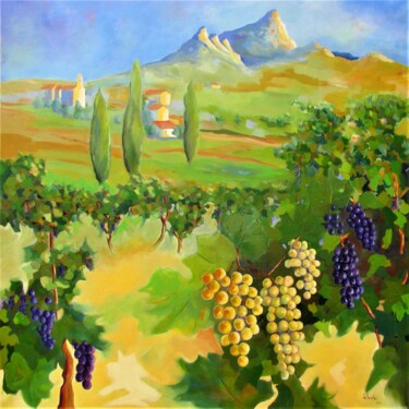 Painting titled "Le Vignoble du Pic…" by Jean-Noël Le Junter, Original Artwork, Oil Mounted on Wood Stretcher frame